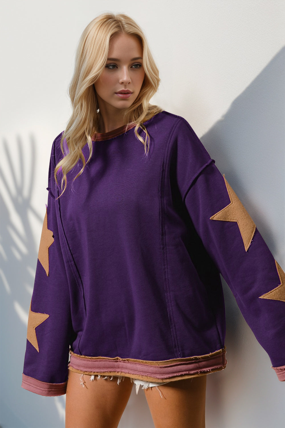 Double Take Star Patched Long Sleeve Sweatshirt