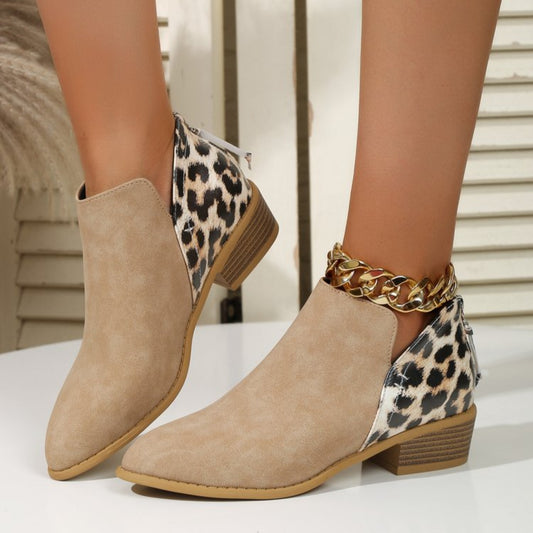 PU Leather Leopard Low Heel Boots