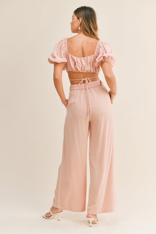 MABLE Cut Out Drawstring Crop Top and Belted Pants Set