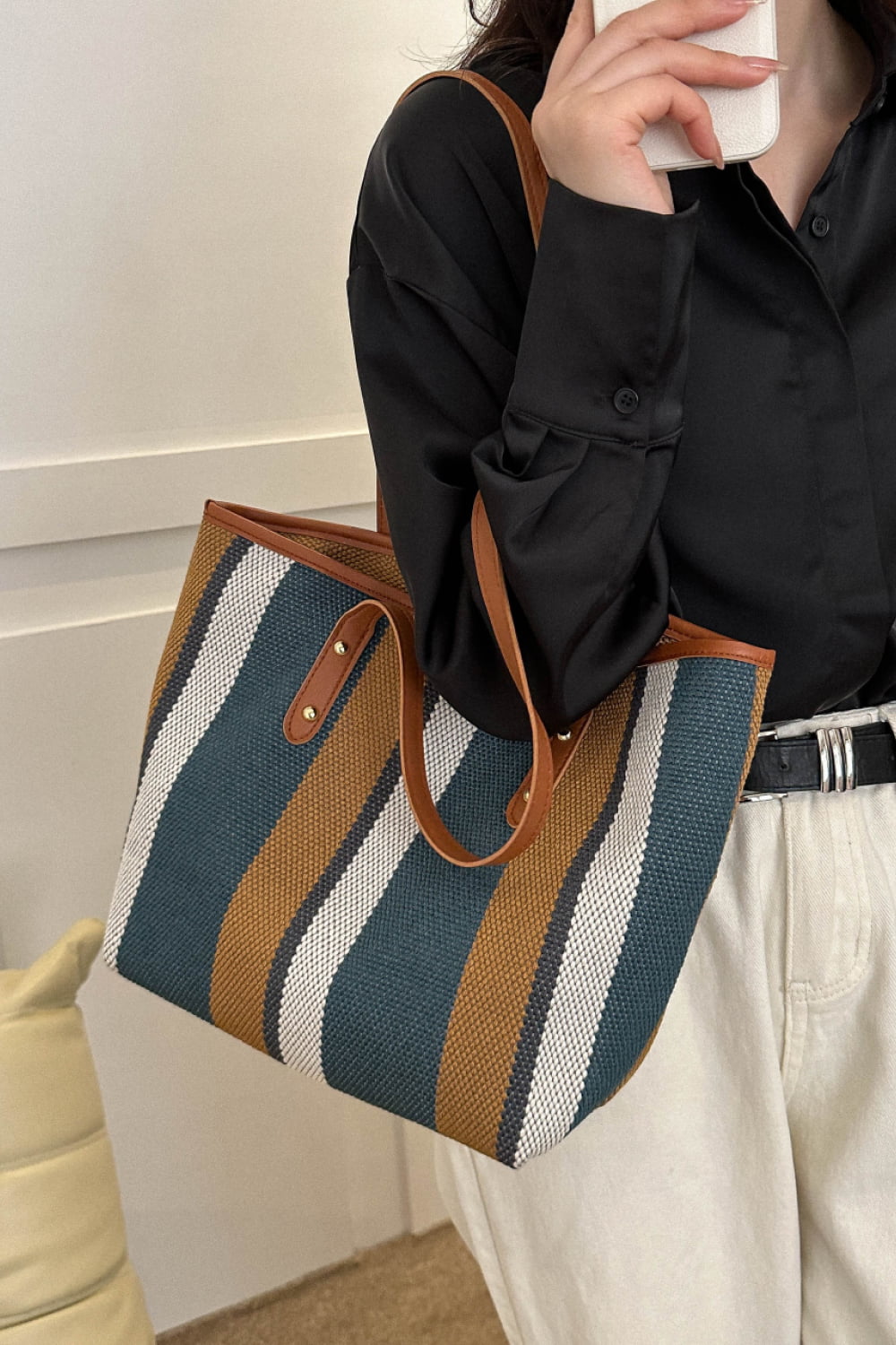 Striped Straw Tote Bag