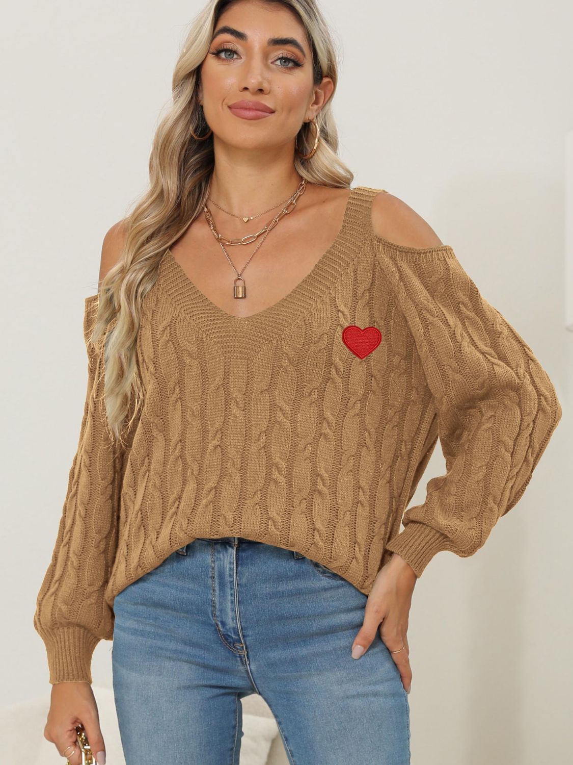 Cable-Knit Heart V-Neck Sweater