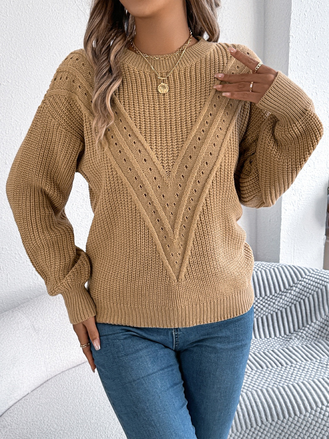 Openwork Round Neck Long Sleeve Sweater