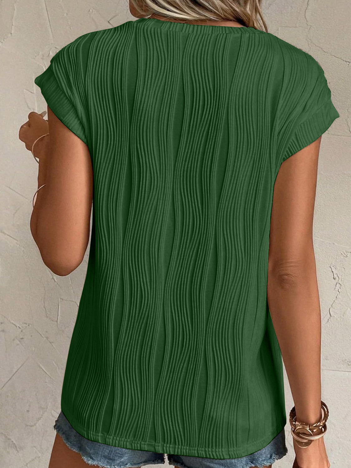 Textured Round Neck Cap Sleeve T-Shirt