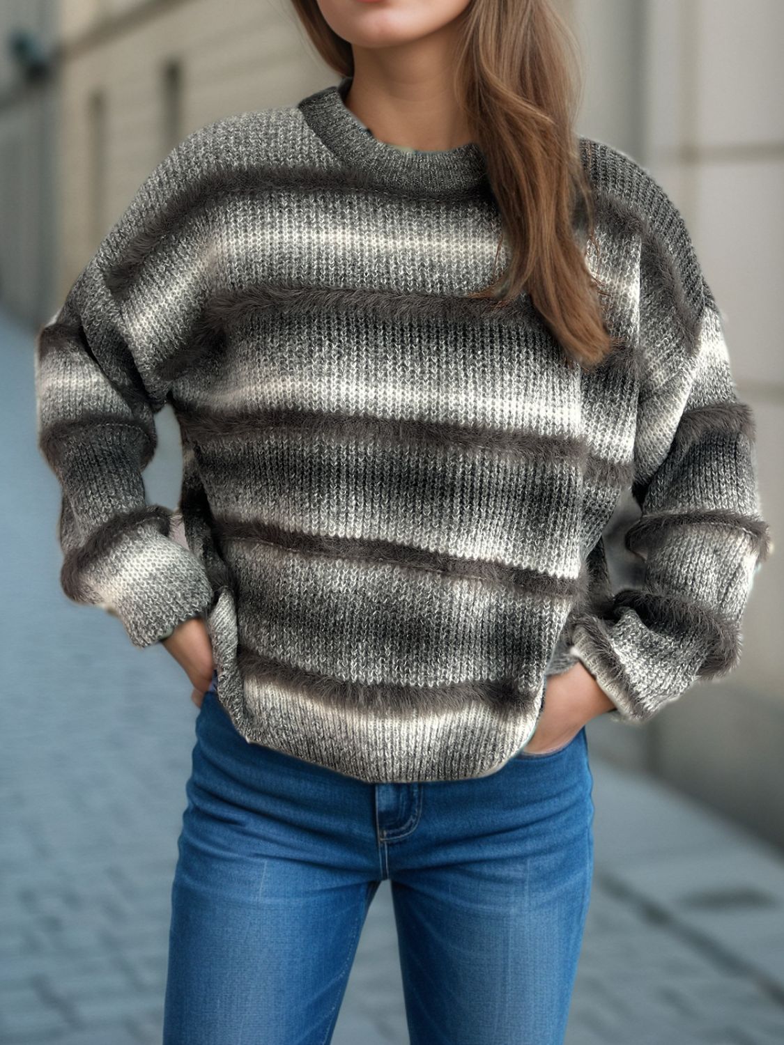 Gradient Round Neck Dropped Shoulder Sweater