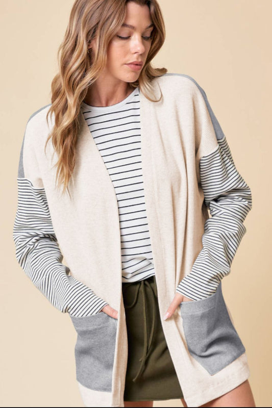 Open Front Long Sleeve Striped Cardigan with Pockets