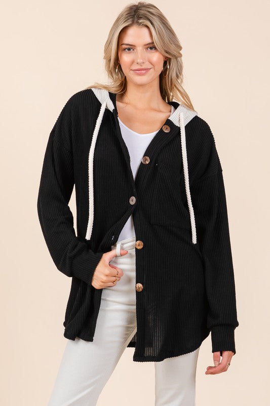 BOMBOM Textured Button Down Drawstring Hooded Shacket