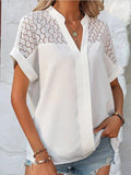 Openwork Notched Short Sleeve Blouse