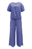 Full Size Plaid Round Neck Half Sleeve Top and Pants Set