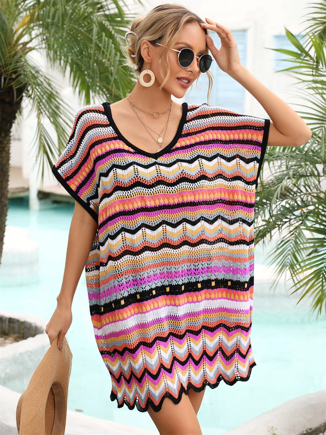 Rainbow Stripe Scalloped V-Neck Cover-Up Dress