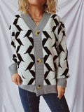 Contrast Trim Geometric V-Neck Long Sleeve Cardigan