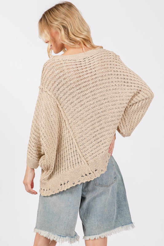 SAGE + FIG Distressed Asymmetrical Open Stitch Sweater