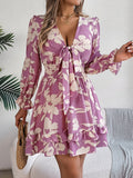 Tied Ruffled Printed Long Sleeve Dress