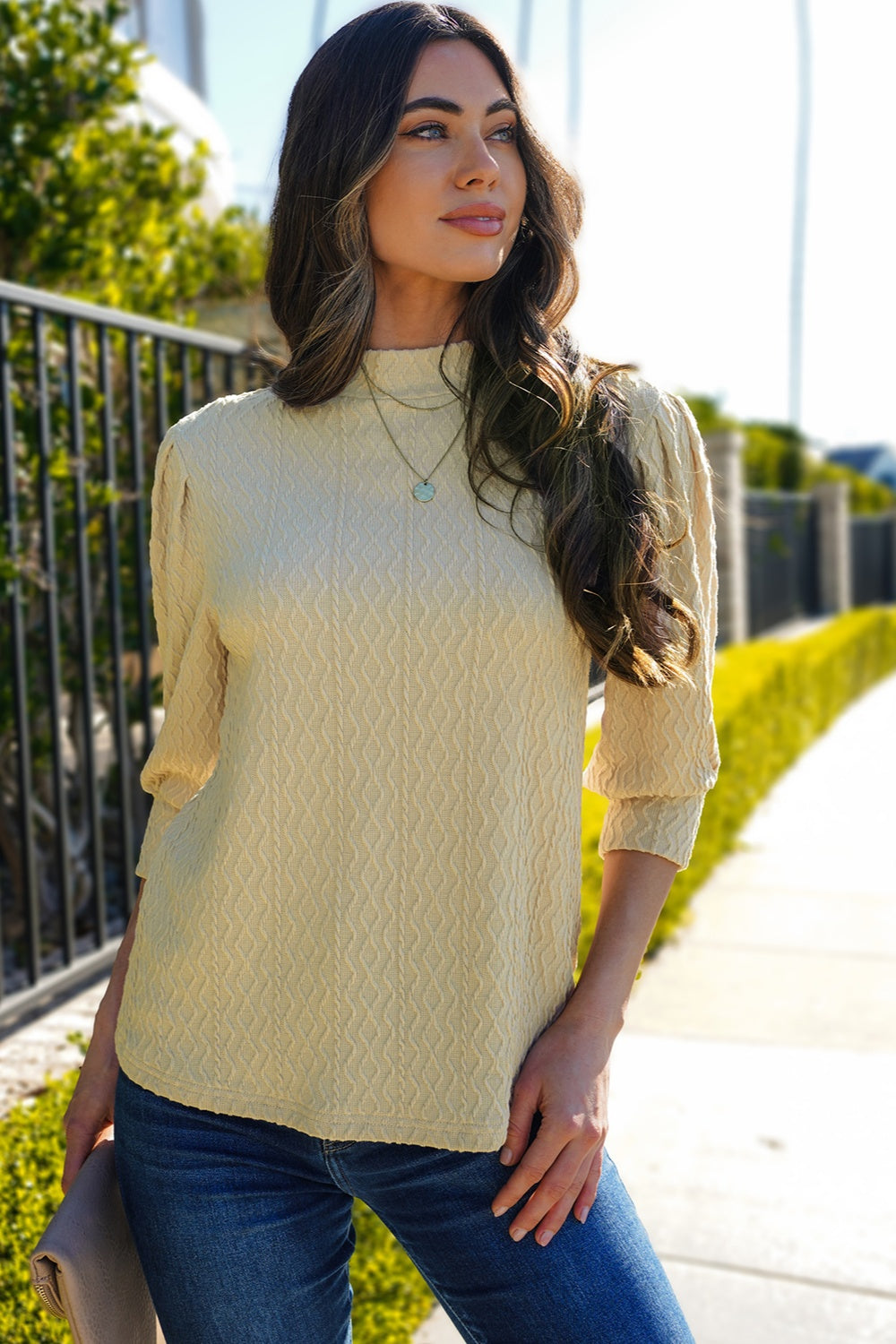 Textured Mock Neck Three-Quarter Sleeve Top