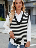 Slit V-Neck Striped Sweater Vest