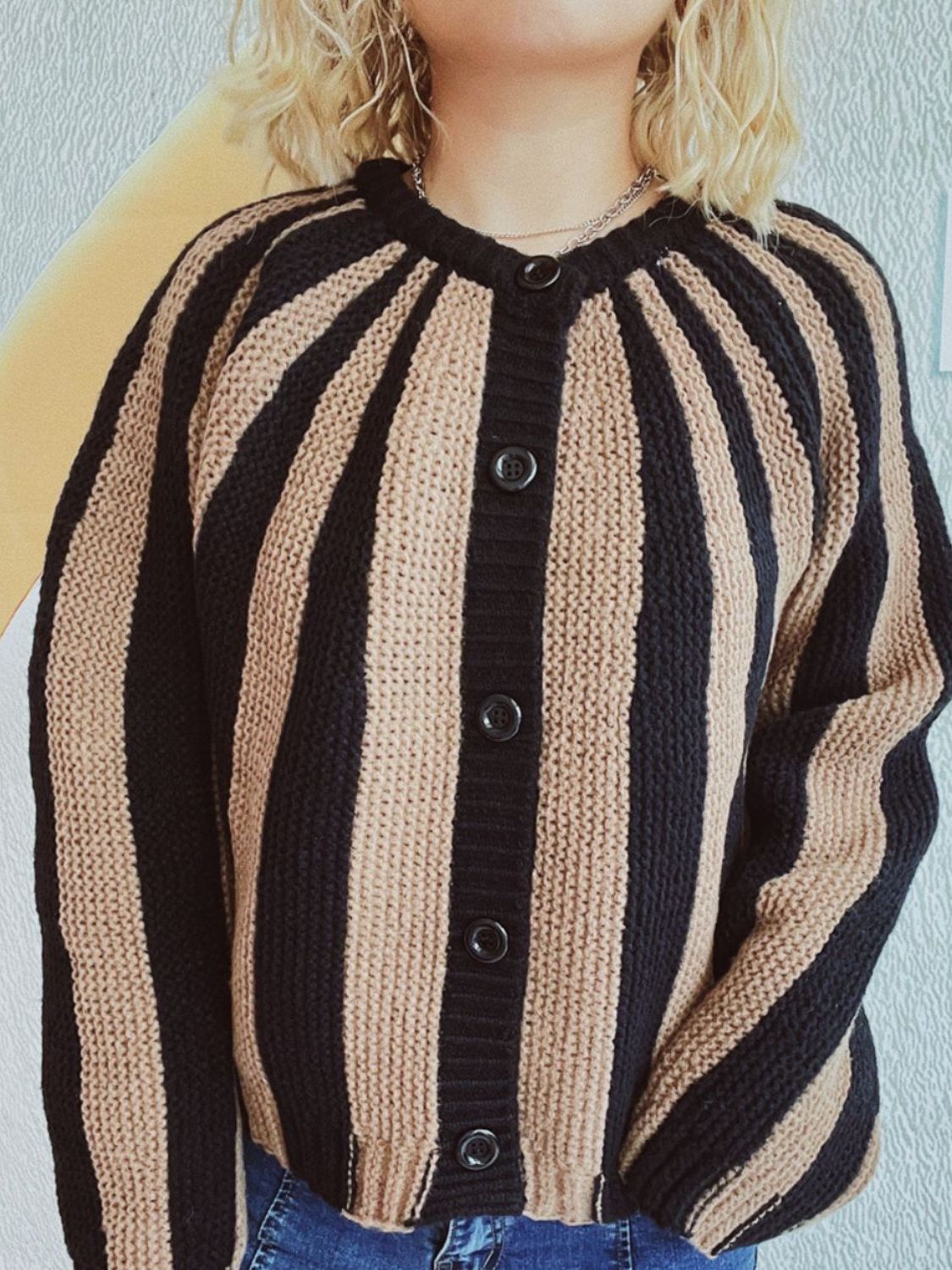 Contrast Stripes Button Down Long Sleeve Cardigan