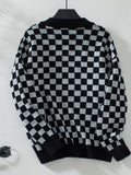 Checkered V-Neck Dropped Shoulder Sweater