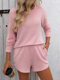 Double Take Round Neck Long Sleeve Top and Shorts Set