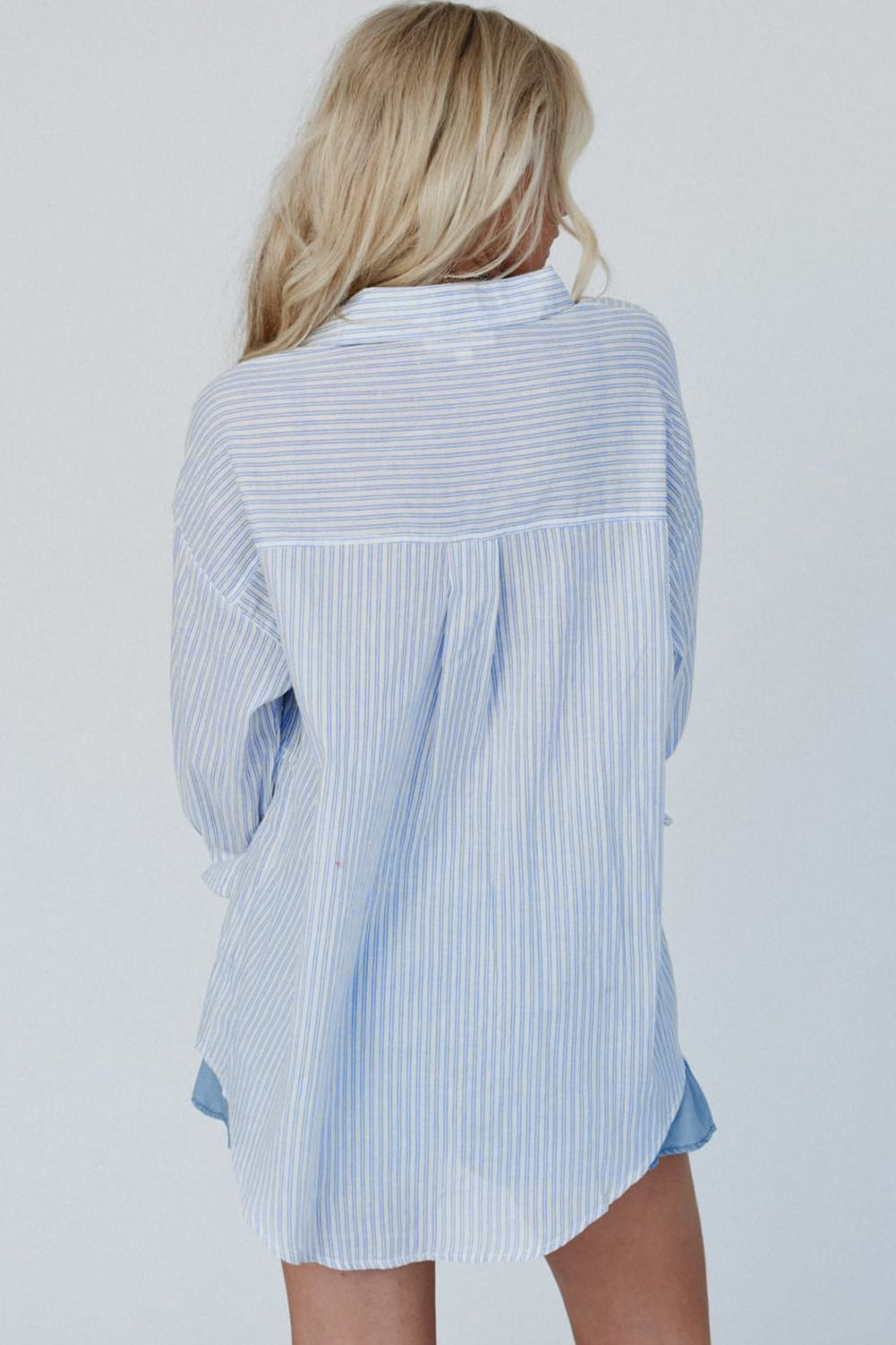 High-Low Striped Collared Neck Long Sleeve Shirt