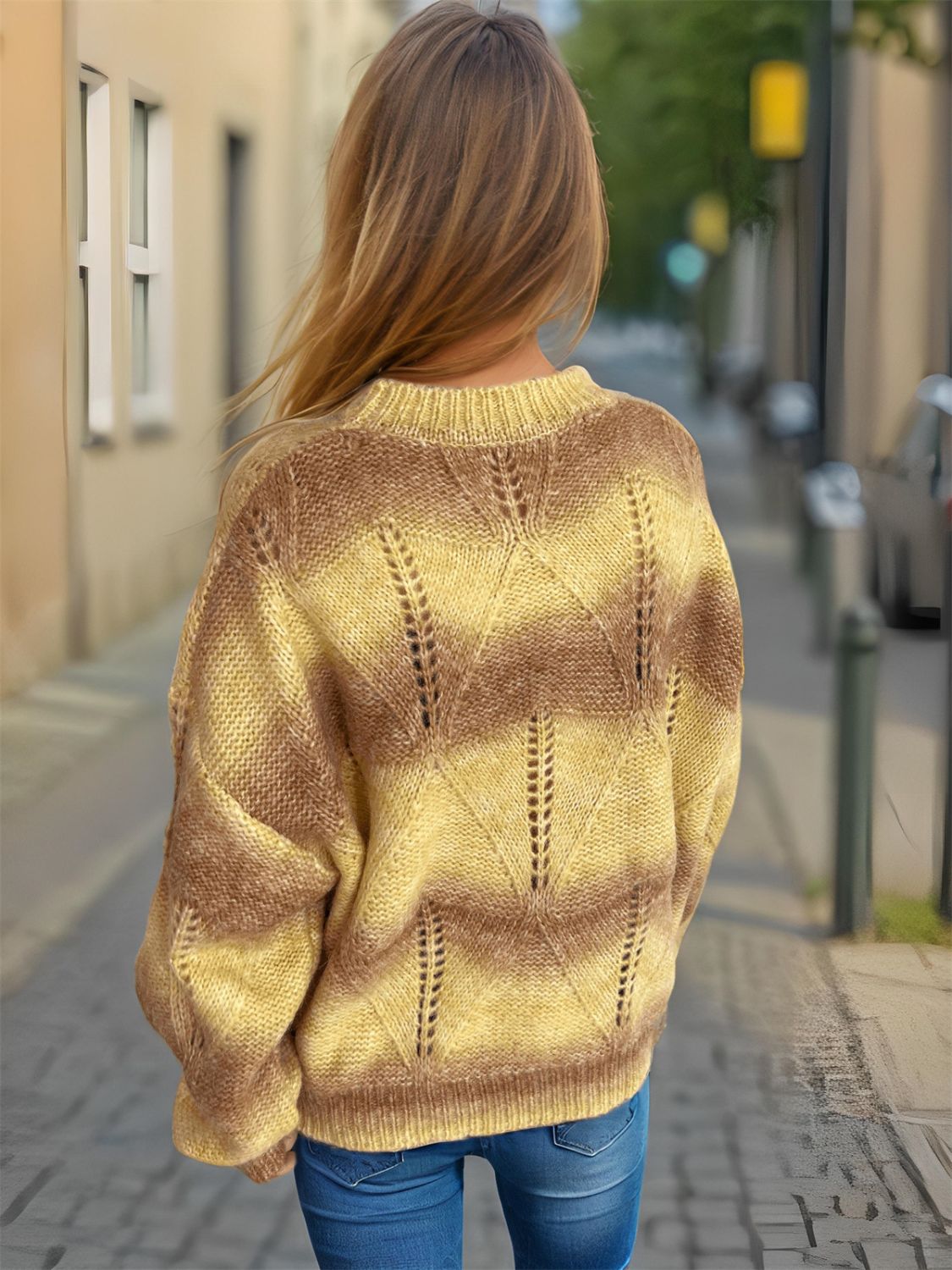 Openwork Round Neck Long Sleeve Sweater