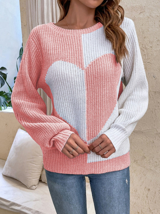 Contrast Heart Round Neck Long Sleeve Sweater