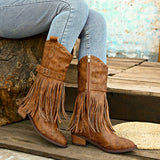 Studded Fringe Block Heel Boots