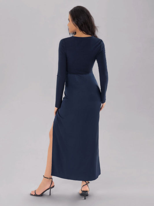 Split Round Neck Long Sleeve Midi Dress