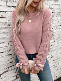 Lace Up Round Neck Long Sleeve Sweater