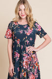 BOMBOM Floral Short Sleeve Maxi Dress