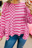 Checker & Stripes Round Neck Long Sleeve Blouse