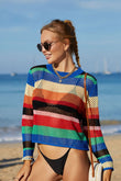 Rainbow Stripe Openwork Long Sleeve Cover-Up