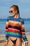 Rainbow Stripe Openwork Long Sleeve Cover-Up