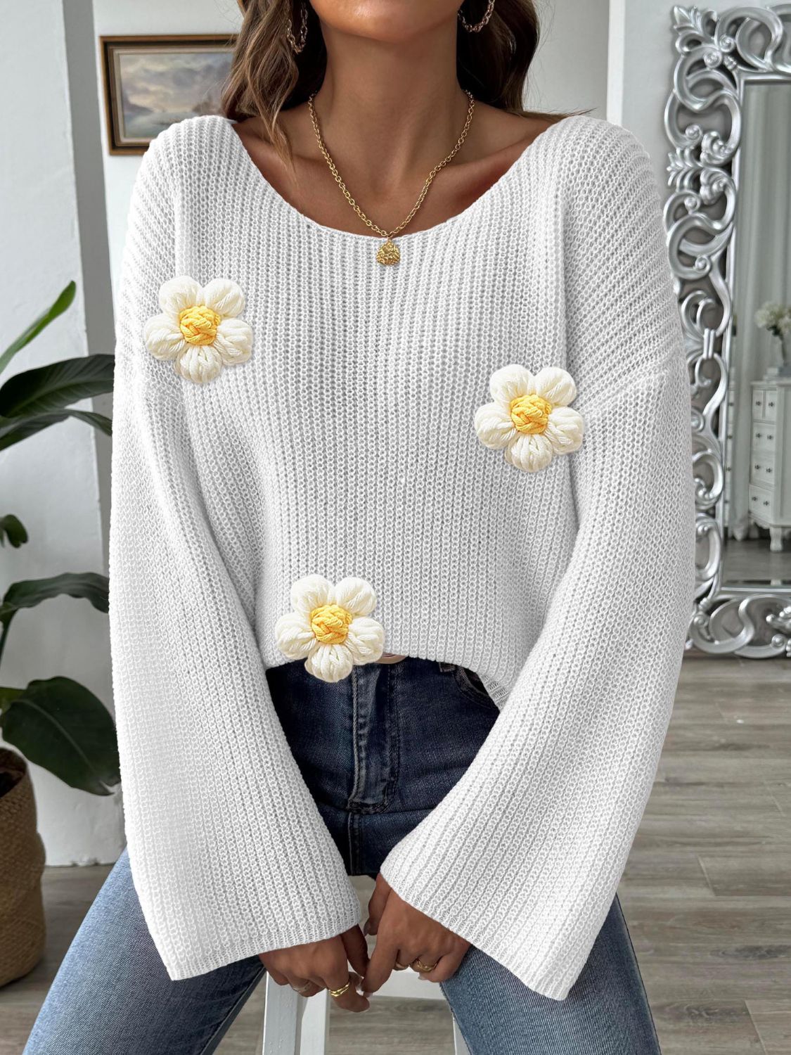 Flower Round Neck Long Sleeve Sweater