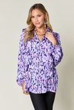 Double Take Full Size Printed Ruffle Trim Balloon Sleeve Shirt