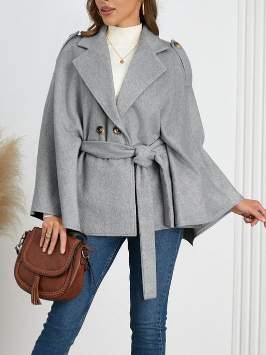 Double-Breasted Tie Waist Poncho