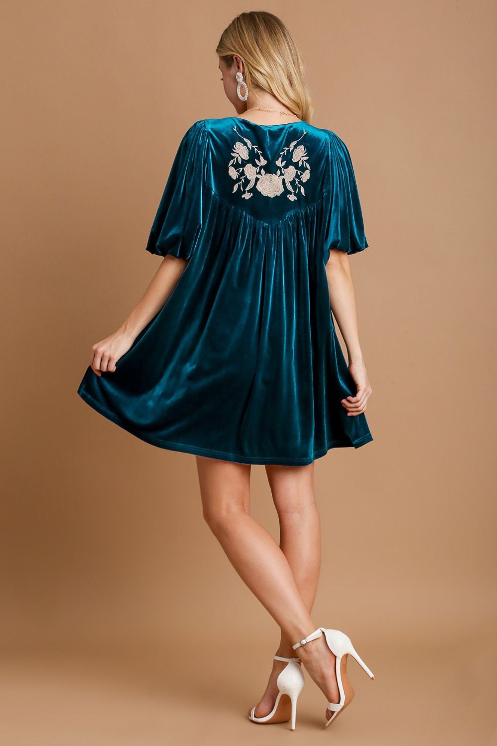 Umgee Embroidered Half Sleeve Velvet Mini Dress with Tassel