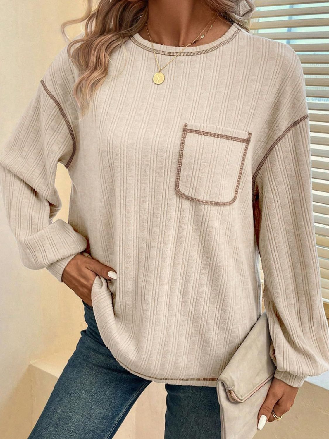 Mandy Contrast Stitching Round Neck Long Sleeve T-Shirt