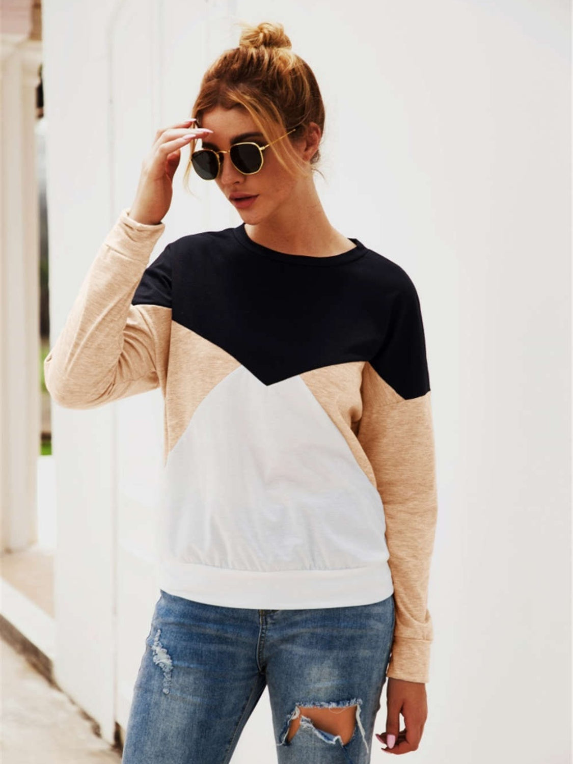 Color Block Round Neck Long Sleeve Top