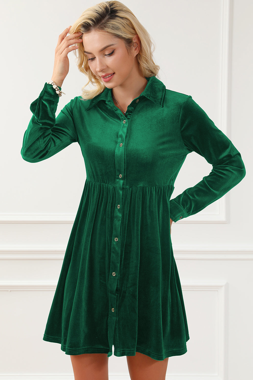 Ruched Button Up Collared Neck Long Sleeve Shirt Dress