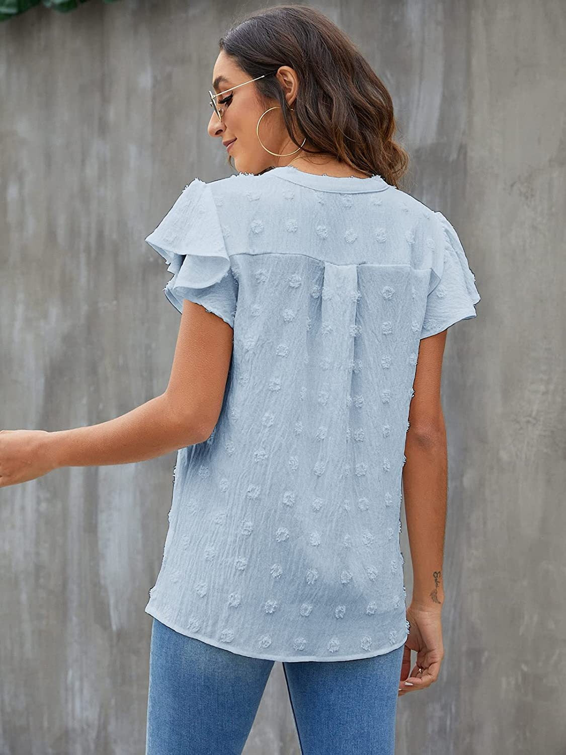 Swiss Dot Notched Flutter Sleeve Blouse