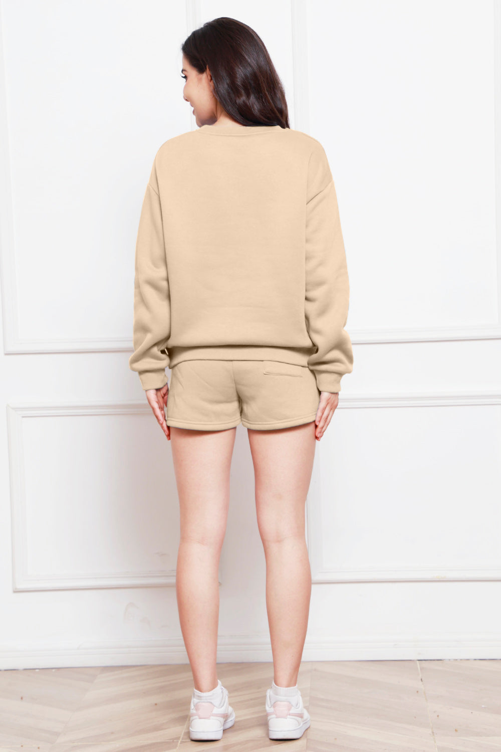 Round Neck Long Sleeve Sweatshirt and Drawstring Shorts Set