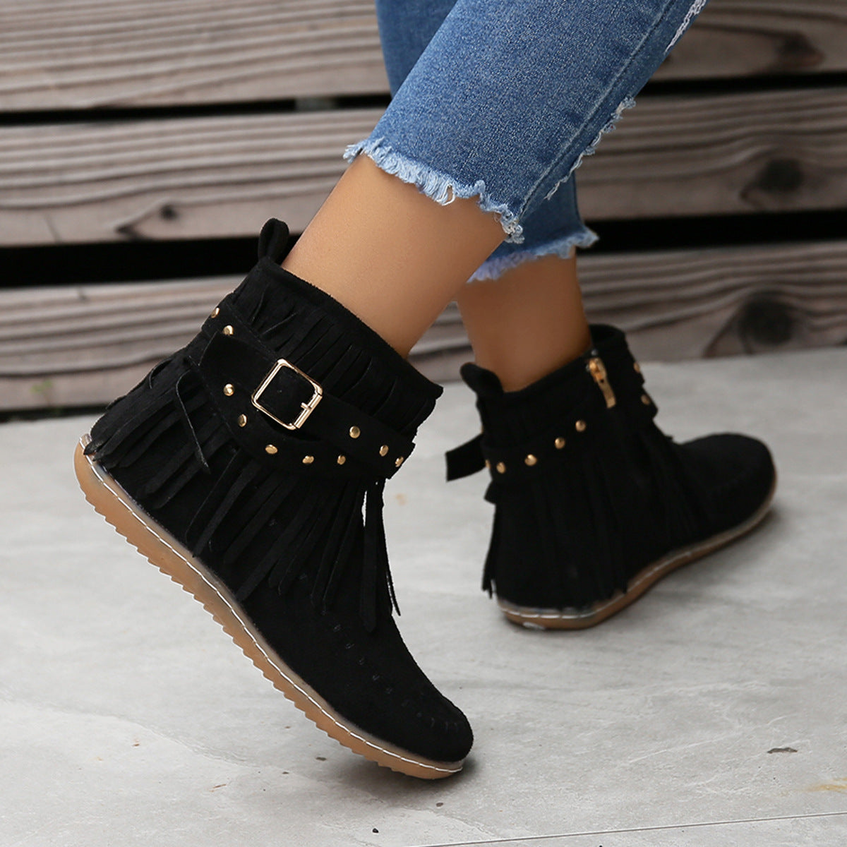 Studded Fringe Round Toe Boots