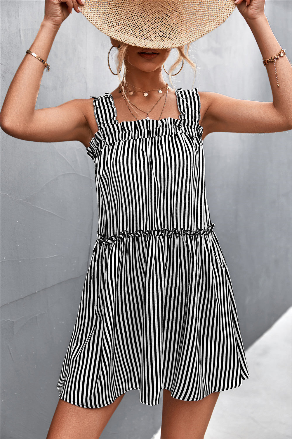 Striped Frill Trim Square Neck Dress