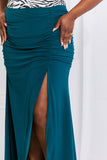 White Birch Full Size Up and Up Ruched Slit Maxi Skirt in Teal