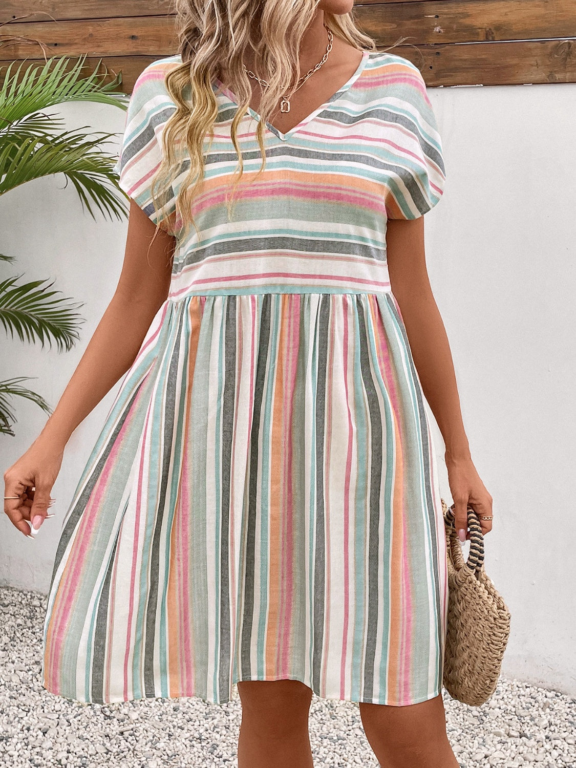 Striped V-Neck Short Sleeve Dress