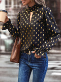 Cutout Printed Mock Neck Flounce Sleeve Blouse