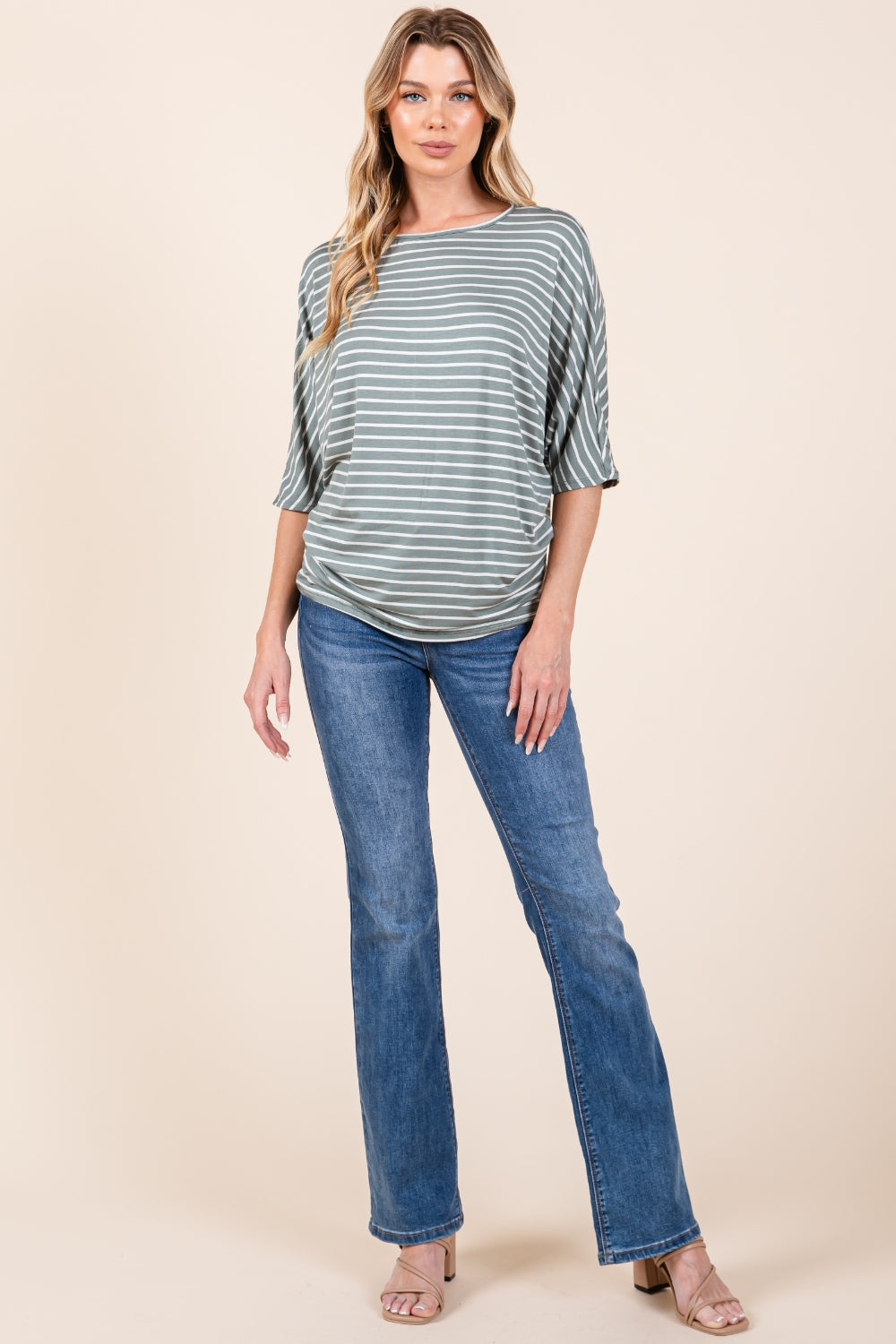 BOMBOM Striped Boat Neck Dolman Sleeve Top