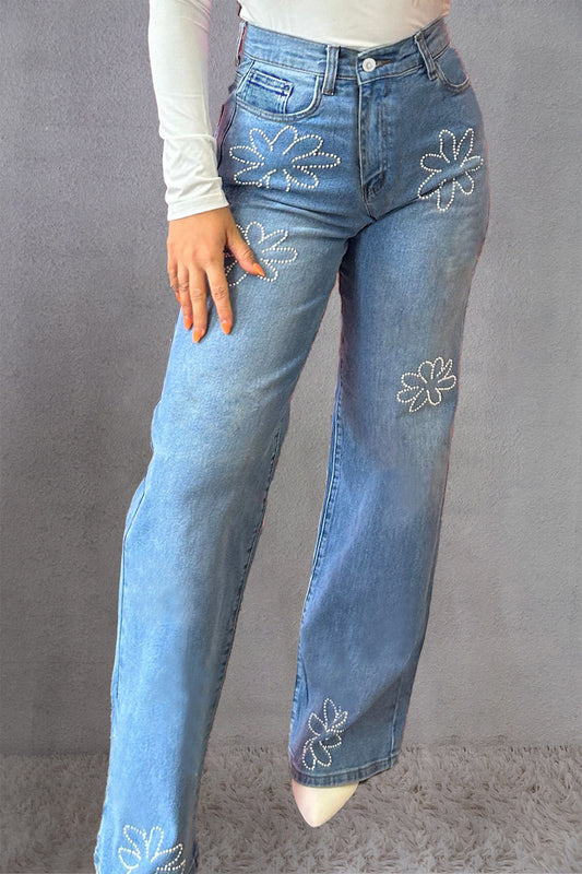 Rhinestone Straight Jeans with Pockets