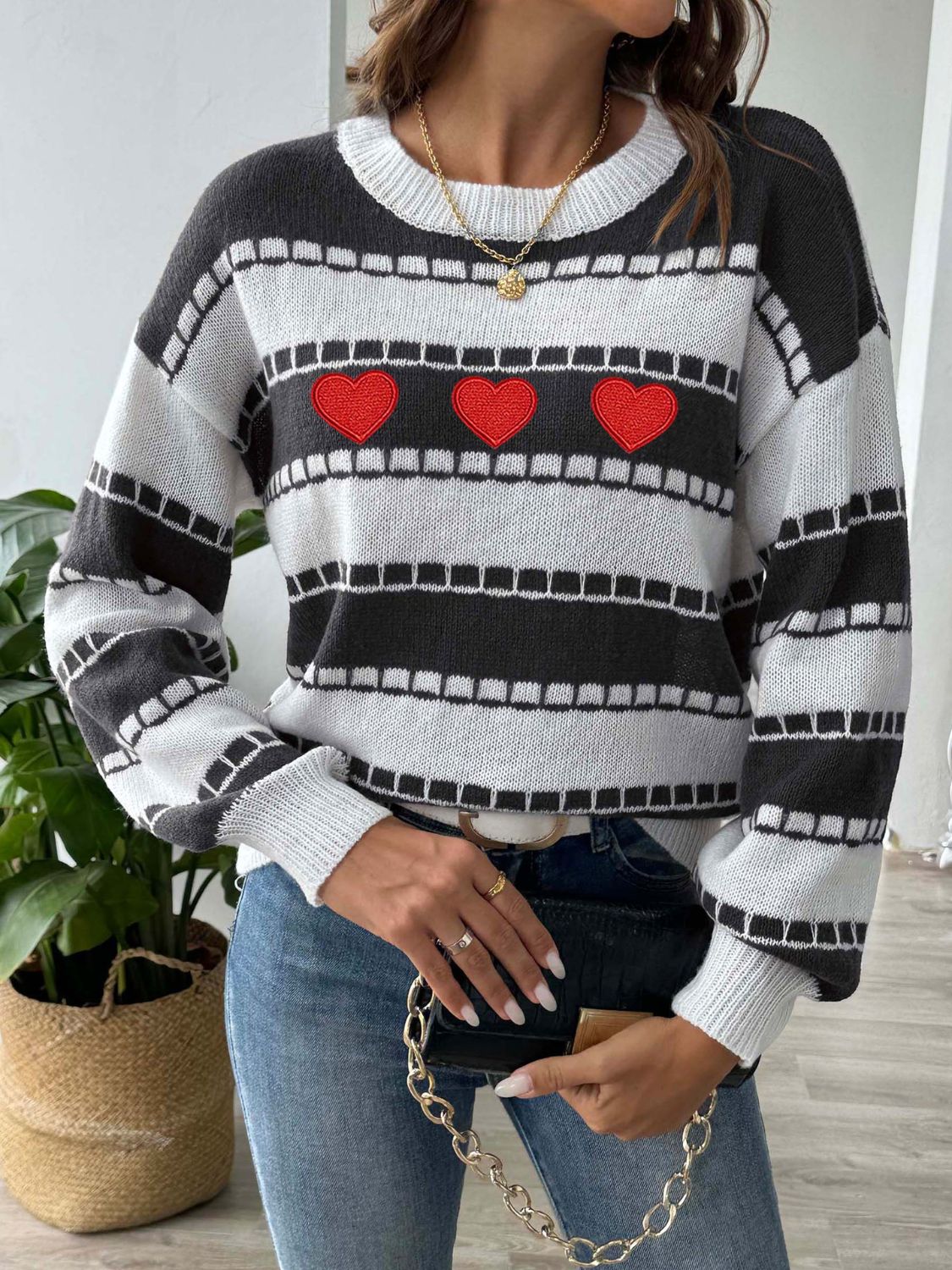 Heart Round Neck Long Sleeve Sweater