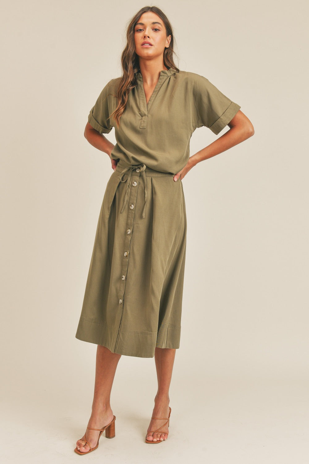 MABLE Short Sleeve Top and Button Down Midi Skirt Set