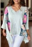 Slit Floral V-Neck Three-Quarter Sleeve Blouse